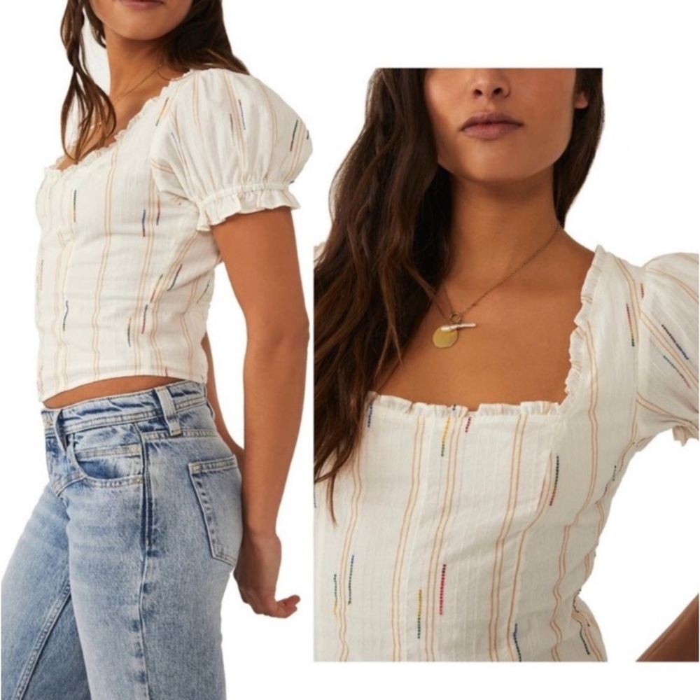 Free People Serotonin Corset Top White Puff Sleeve Top Colorful Rainbow Stitches